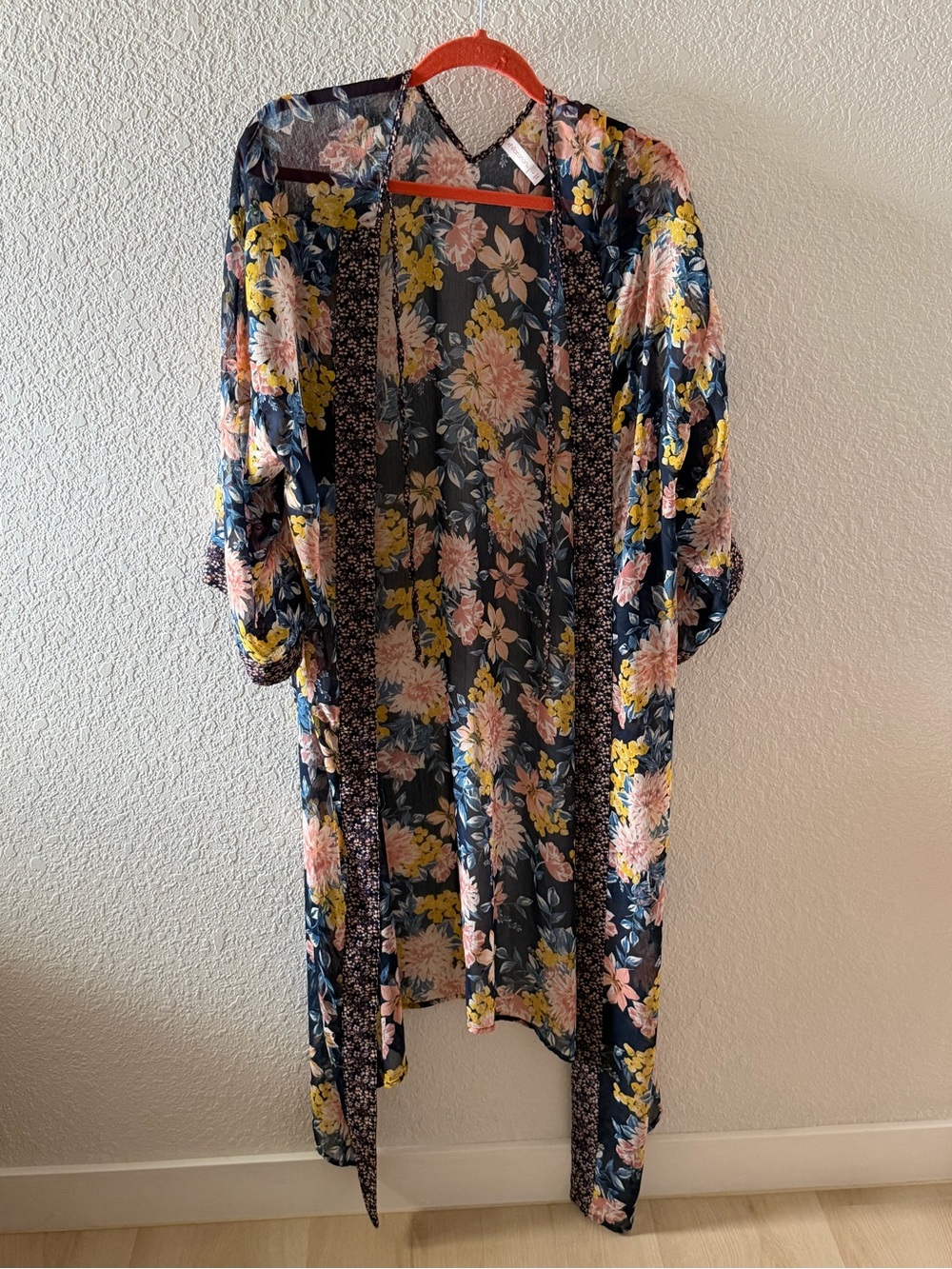 Xhilaration Navy Floral Sheer Kimono with Pink and Yellow Blooms